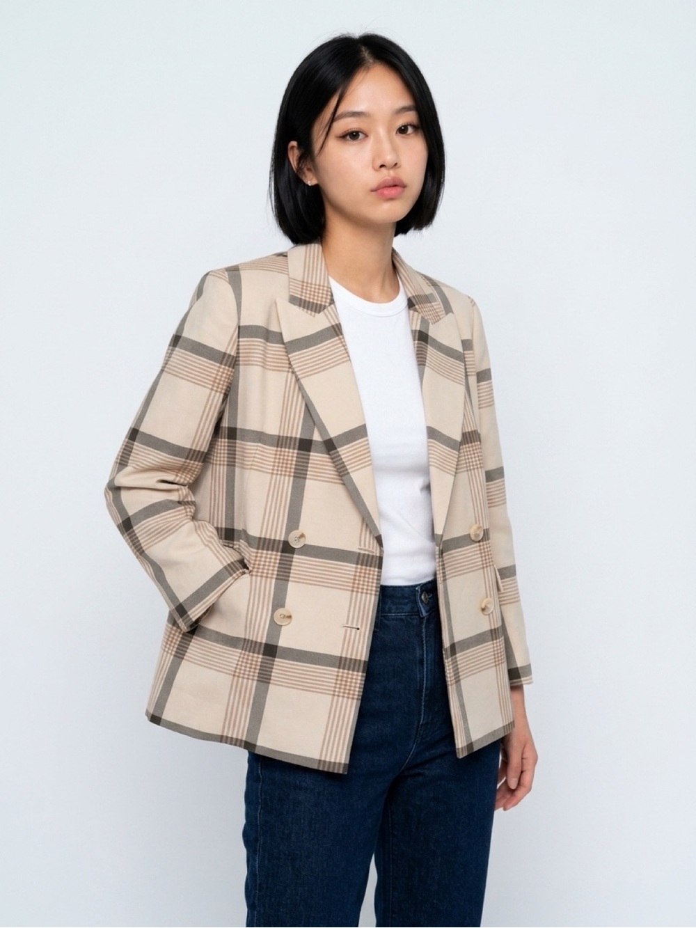 Maison d’ Améile Cream & Brown Plaid Double-Breasted Blazer